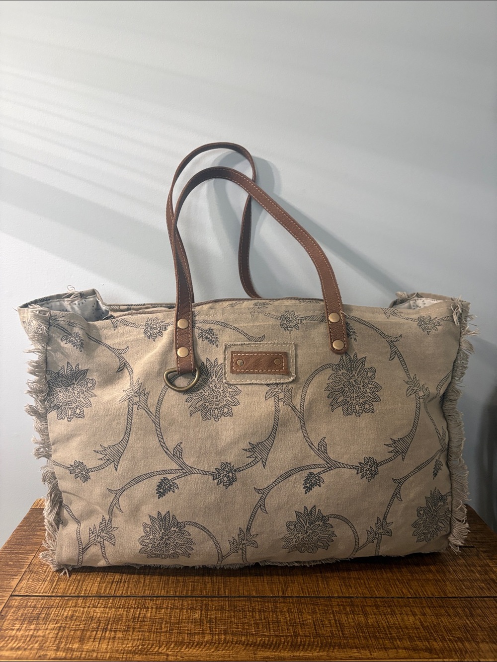 Myra Bag Beige Canvas Floral Tote with Brown Leather Handles